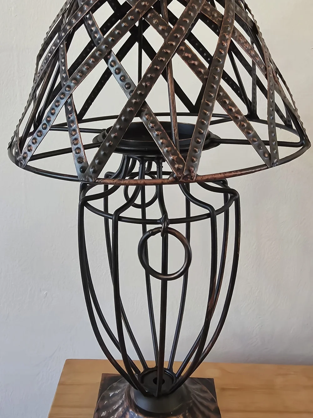 Metal Cage Cande Holder Table Lamp in Distressed Bronze